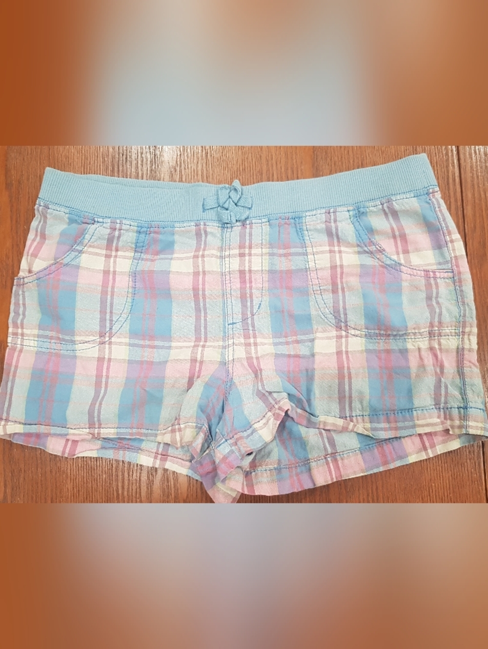 Faded Glory Pastel Plaid Sleep Shorts in Light Blue, Pink, Cream